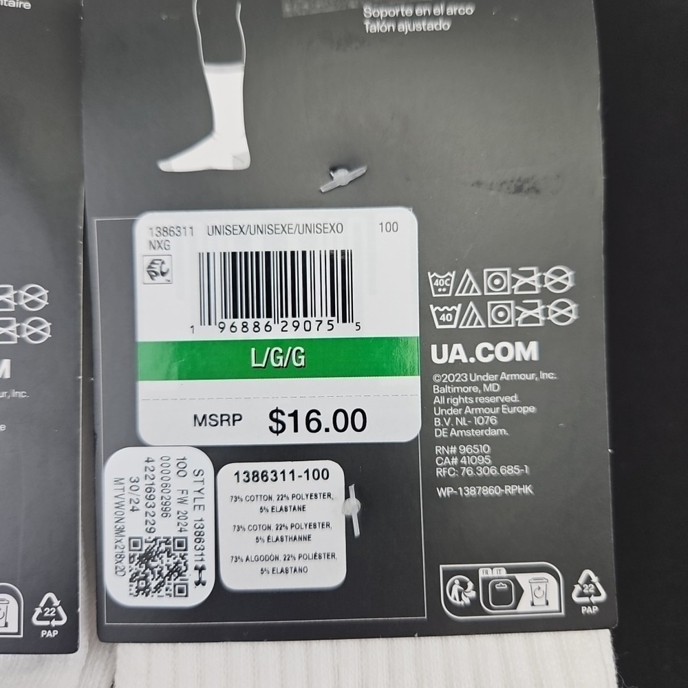 6 Pairs Under Armour UA Training Cotton Crew Sock White Men's Large 8-12 New - Picture 5 of 6